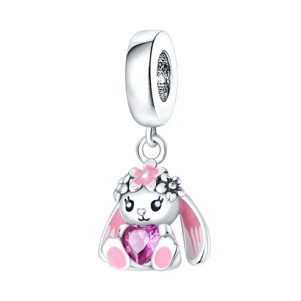 S925 Sterling Silver with Pink Gems Bunny Charm - NWT